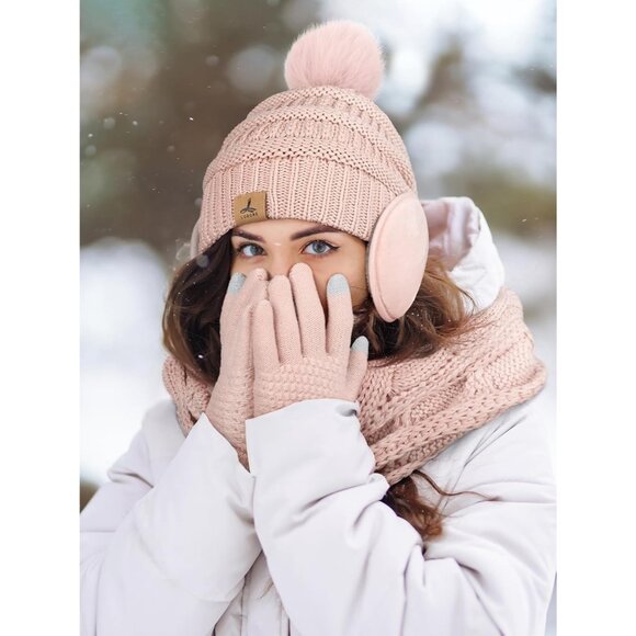 Women Pint Knit Beanie Hat, Gloves, Scarf & Ear Warmer Set - Winter - Picture 6 of 7